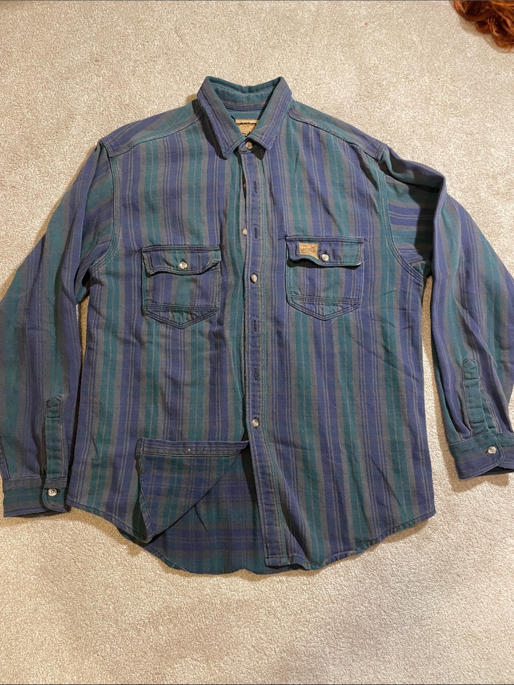 Vintage Eddie Bauer Men's Green & Blue Striped Button-Up Shirt